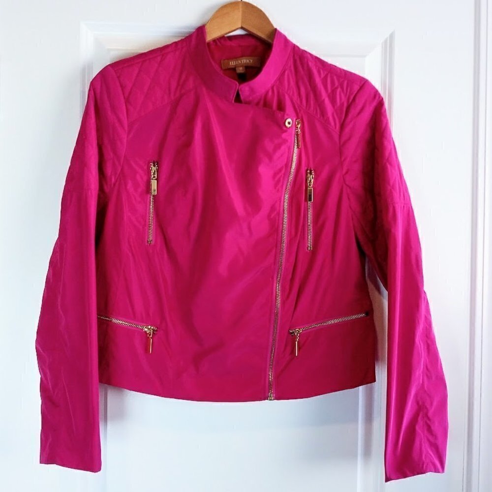 Ellen Tracy Magenta Pink Quilted Asymmetrical Zip Moto Jacket